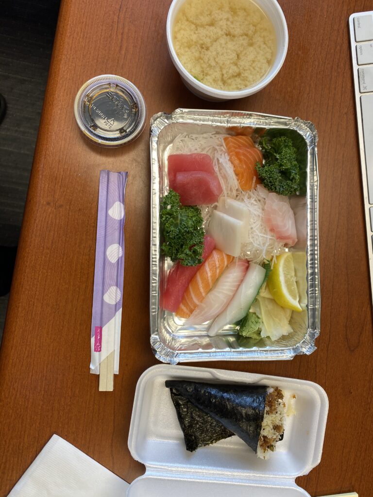 Japanese Sushi + Sashimi Lunch Combo with Miso Soup and a bonus handroll